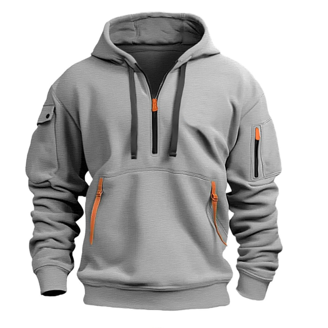 Relaxed Quarter-Zip Hoodie with Zip Pockets in Light Grey