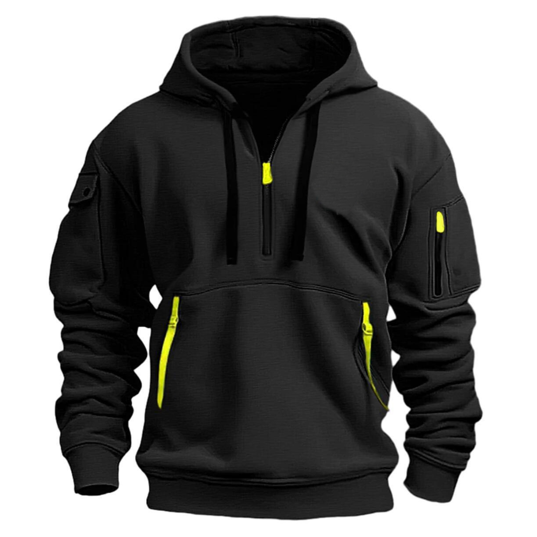 Relaxed Quarter-Zip Hoodie with Zip Pockets in Black