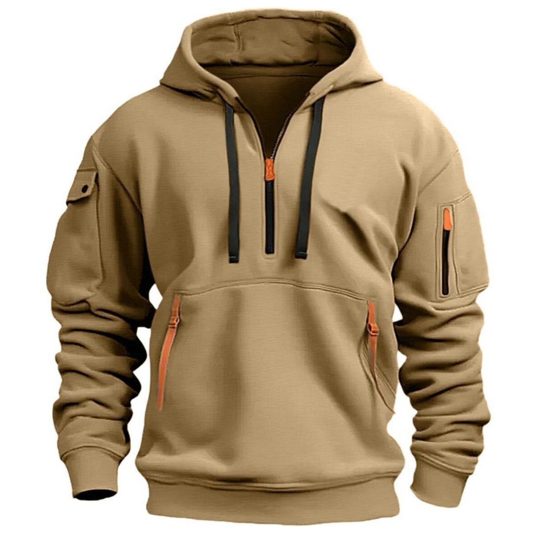 Relaxed Quarter-Zip Hoodie with Zip Pockets in Khaki