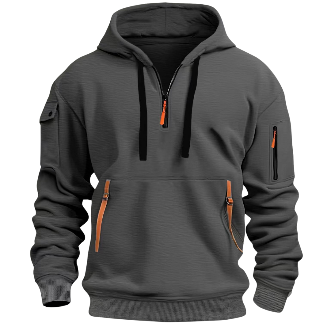 Relaxed Quarter-Zip Hoodie with Zip Pockets in Dark Grey