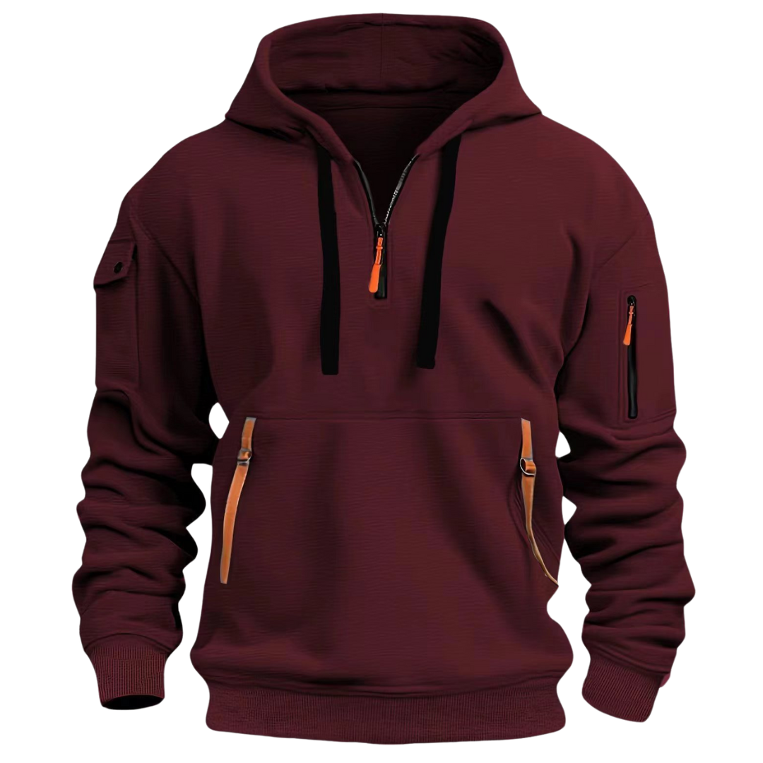 Relaxed Quarter-Zip Hoodie with Zip Pockets in Burgundy