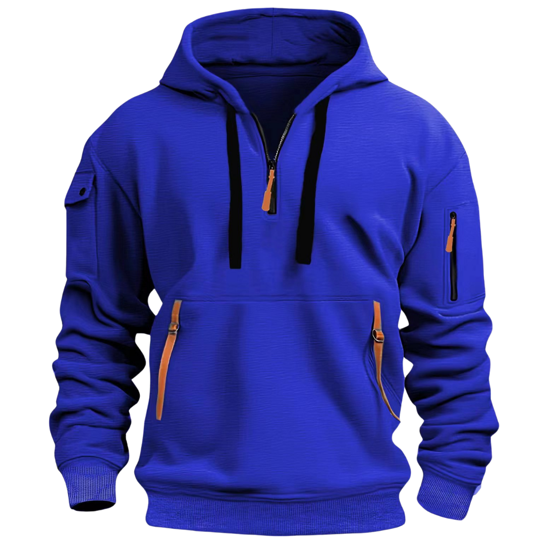 Relaxed Quarter-Zip Hoodie with Zip Pockets in Blue