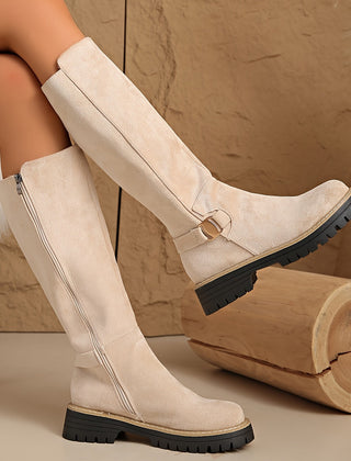 Marceline Chunky Knee-High Boots with Buckle Detail - Beige