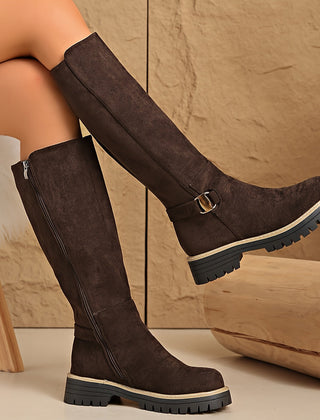 Marceline Chunky Knee-High Boots with Buckle Detail - Coffee