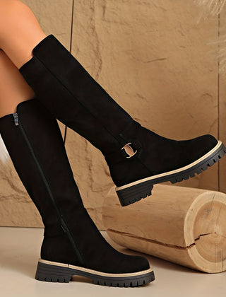 Marceline Chunky Knee-High Boots with Buckle Detail - Black