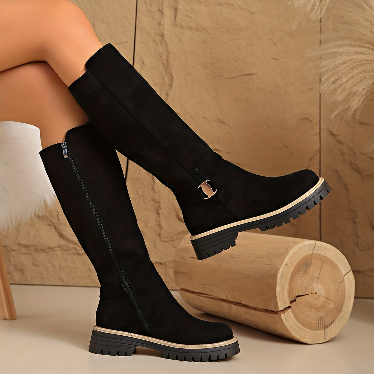 Marceline Chunky Knee-High Boots with Buckle Detail - Black