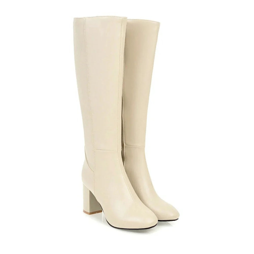 Wren Sleek Knee-High Boots with Side Zip - Beige