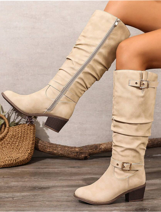 Rosalind Draped Knee-High Boots with Double Buckle - Beige