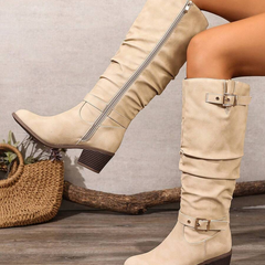 Rosalind Draped Knee-High Boots with Double Buckle - Beige