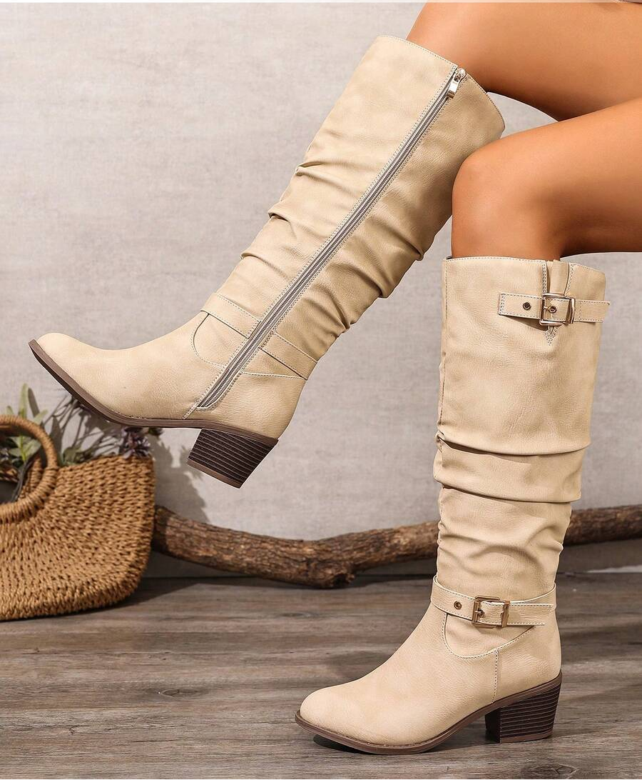 Rosalind Draped Knee-High Boots with Double Buckle - Beige