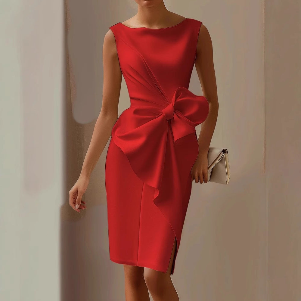 Beatrice | Sleeveless Tailored Dress with Sculptural Bow - Red