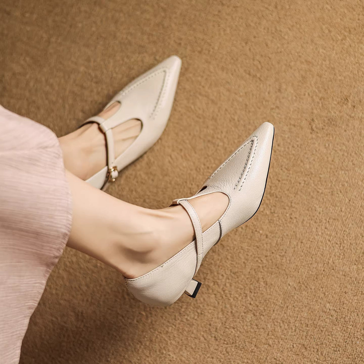 Odessa | Pointed Kitten Heels with T-Bar Buckle Strap