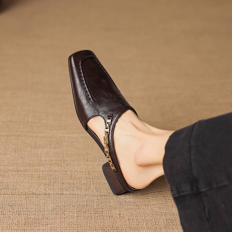 Lucia | Square Toe Block Heel Mules with Chain Detail