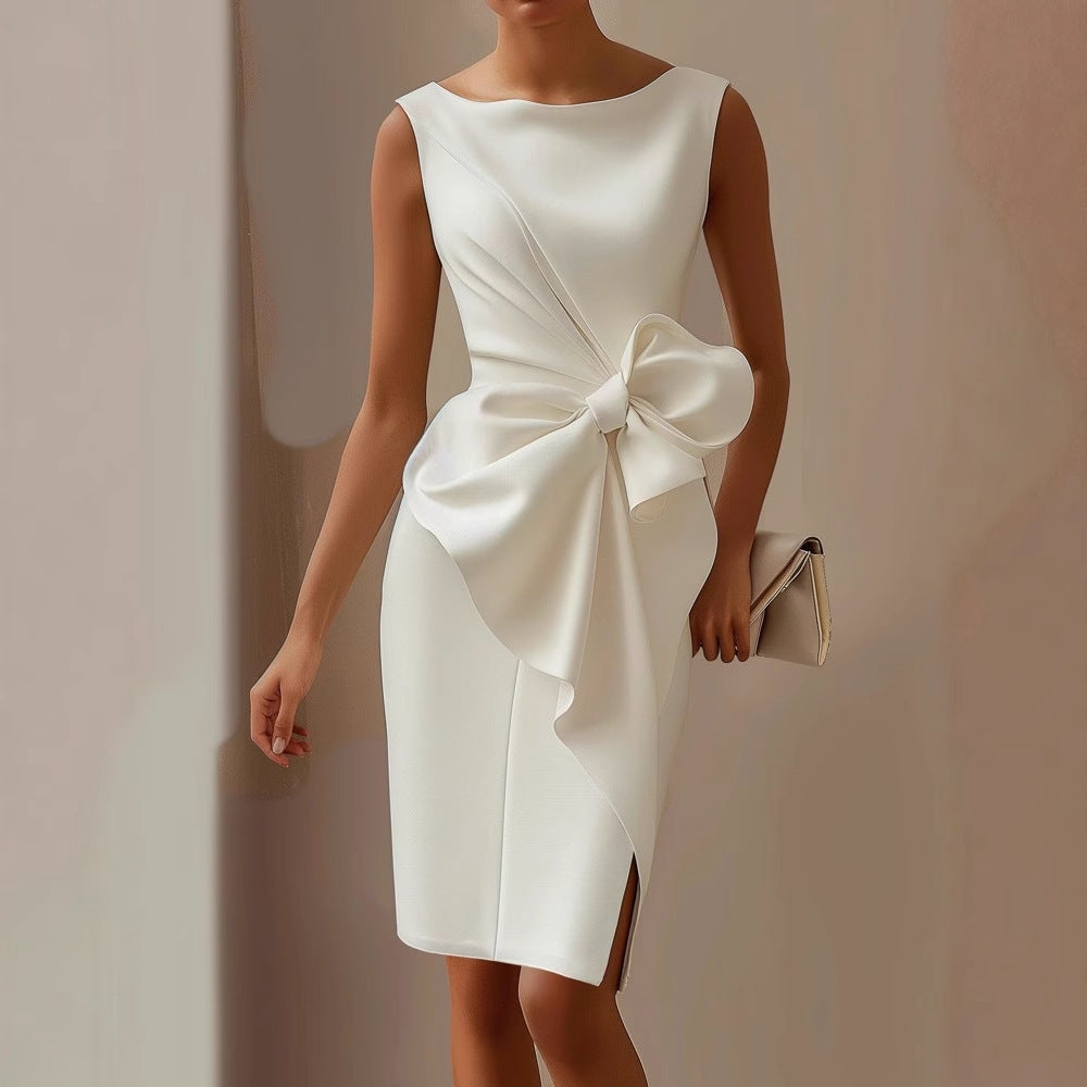 Beatrice | Sleeveless Tailored Dress with Sculptural Bow - White