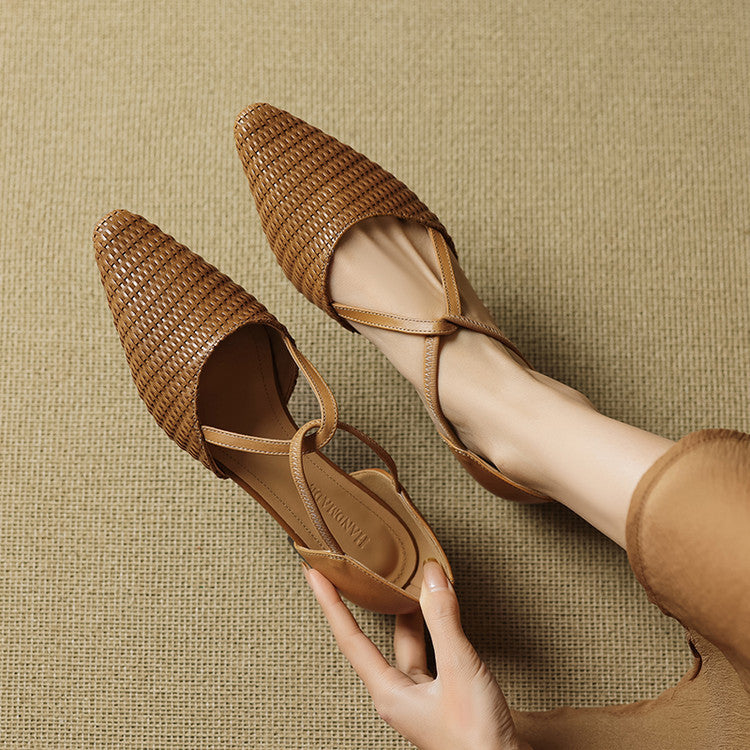 Simone | Woven Pointed Flats with T-Bar Strap