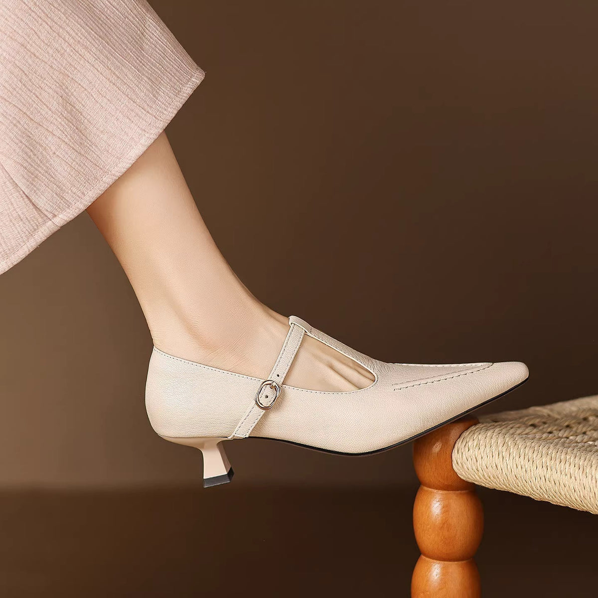 Odessa | Pointed Kitten Heels with T-Bar Buckle Strap