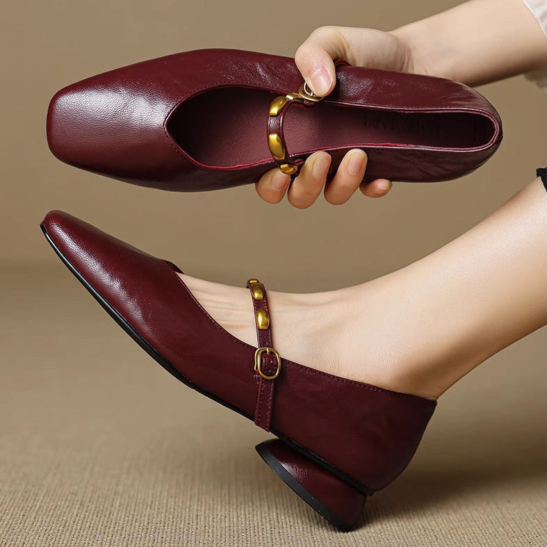 Penelope | Square Toe Mary Jane Flats with Gold Buckle