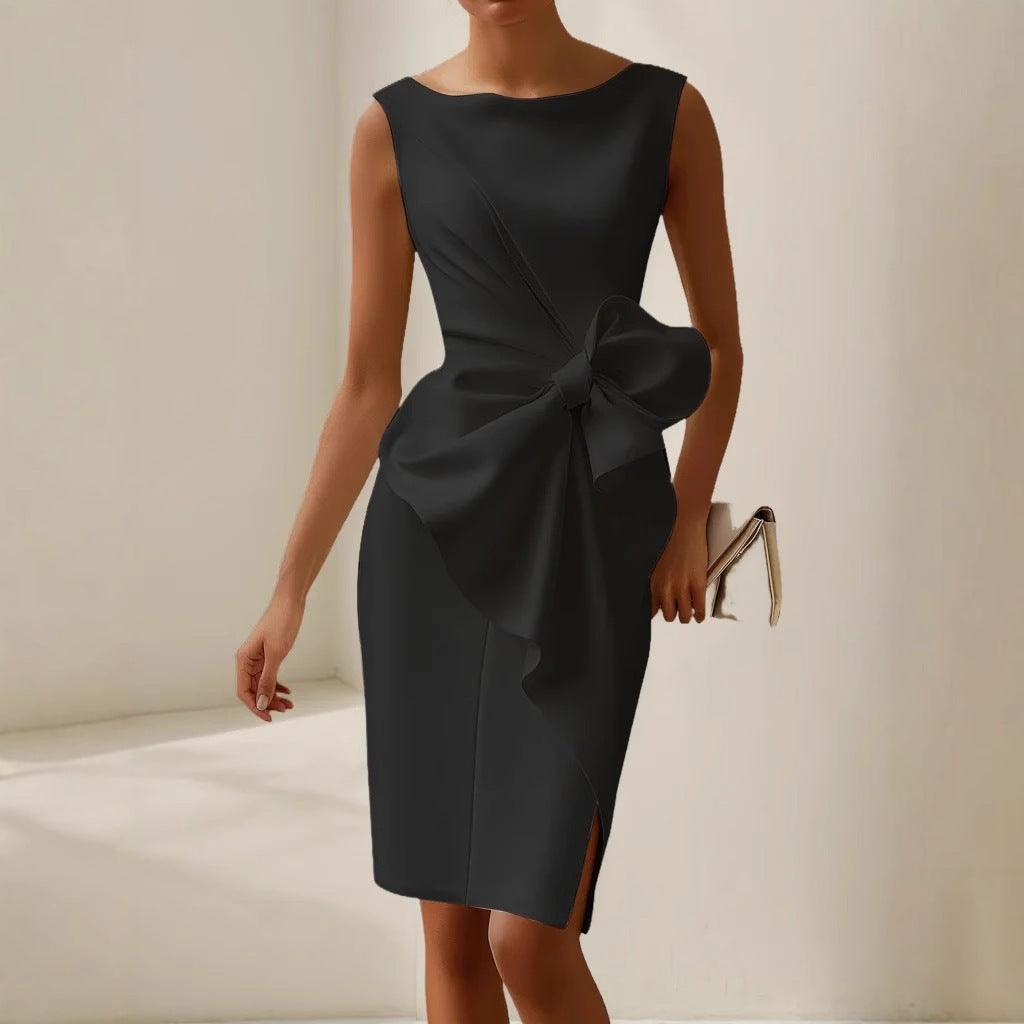 Beatrice | Sleeveless Tailored Dress with Sculptural Bow - Black