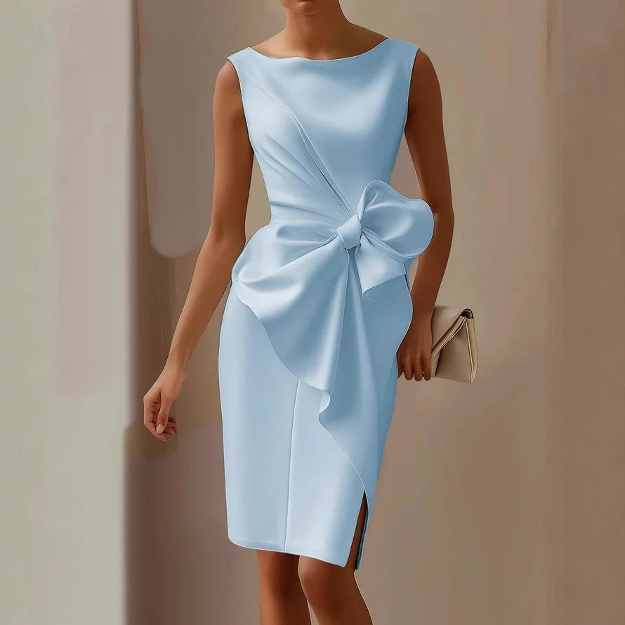 Beatrice | Sleeveless Tailored Dress with Sculptural Bow - Blue