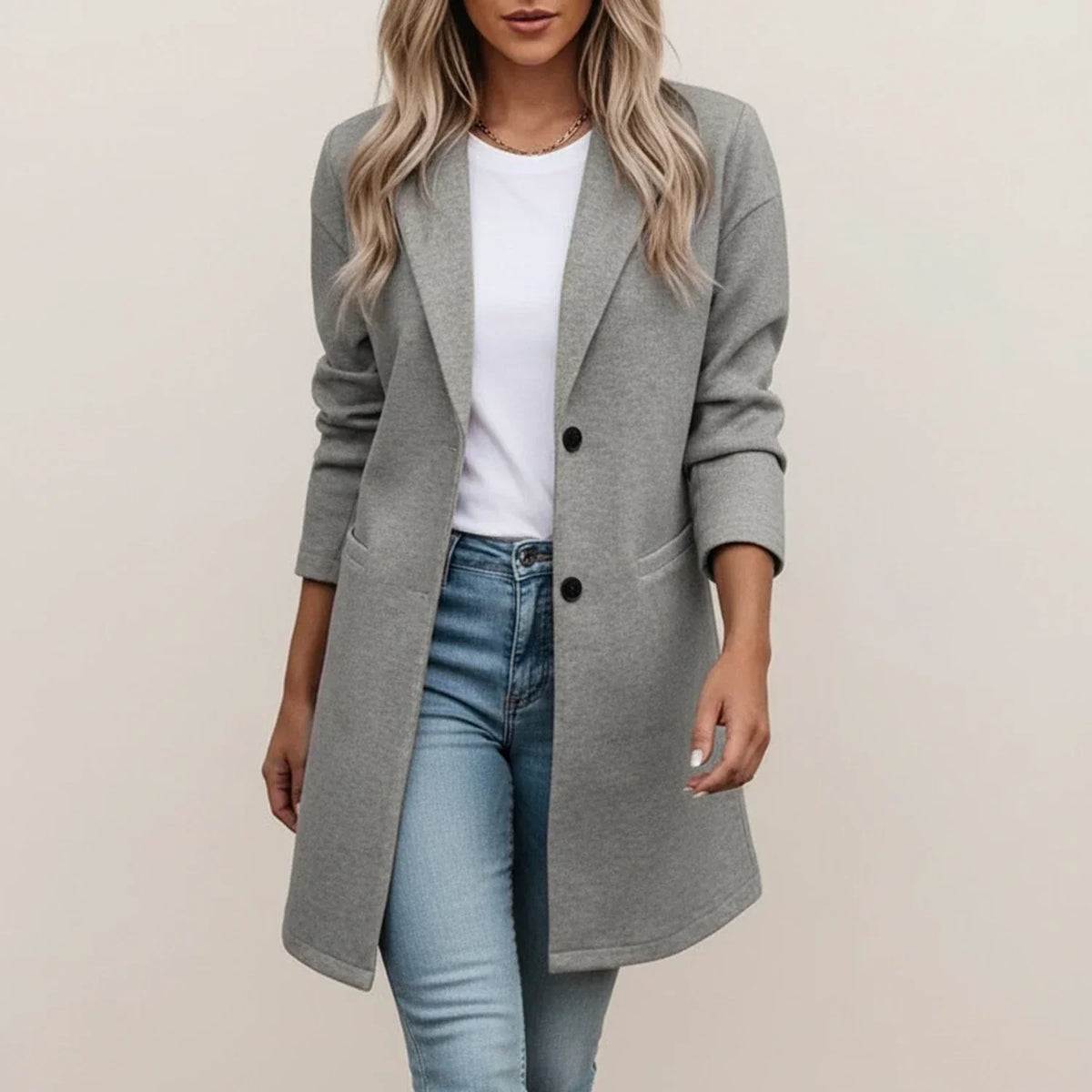 Polished Long Blazer with Wide Collar and Front Pockets