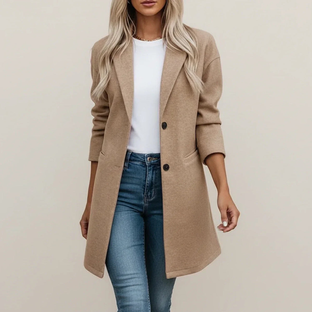 Polished Long Blazer with Wide Collar and Front Pockets
