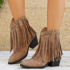 Ophelia | Bold Cowboy Boots with Fringe Detail - Beige