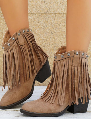 Ophelia | Bold Cowboy Boots with Fringe Detail - Beige