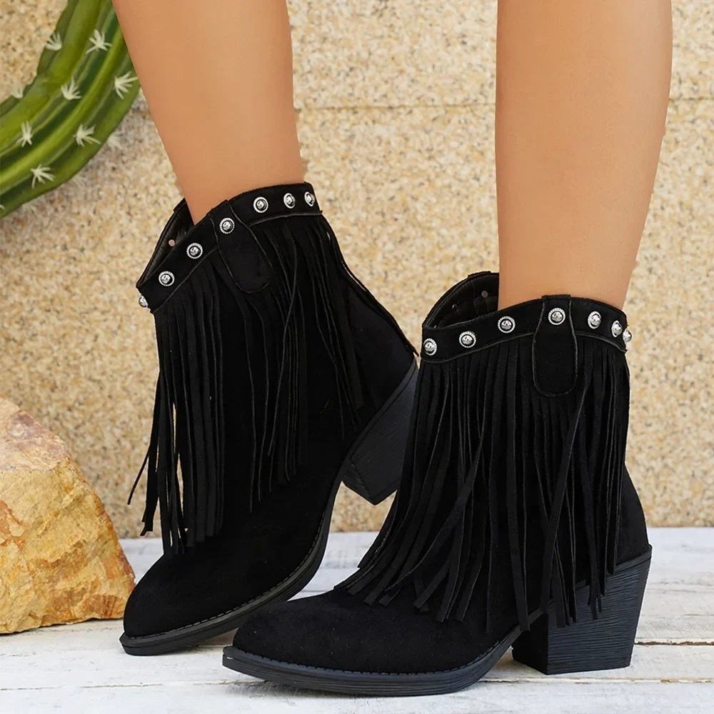 Ophelia | Bold Cowboy Boots with Fringe Detail - Black