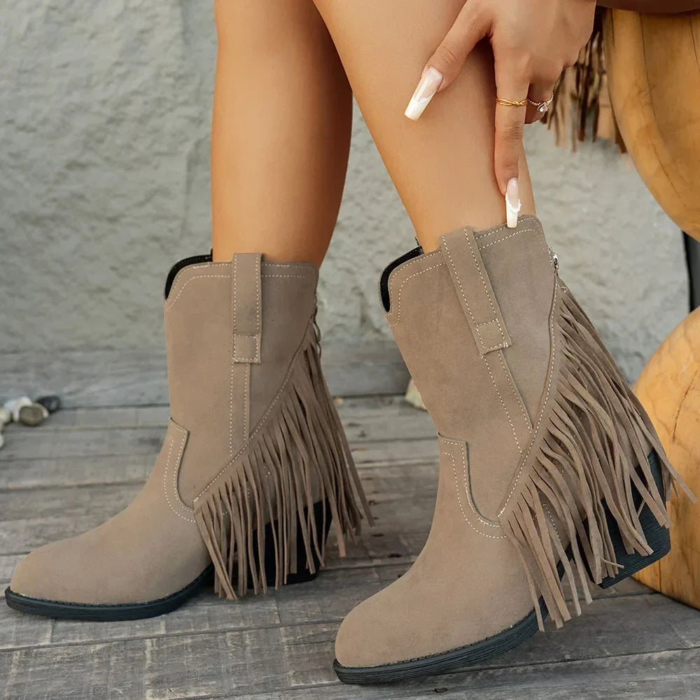Ophelia | Bold Cowboy Boots with Fringe Detail - Grey