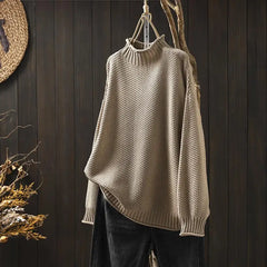 Aurelia | Relaxed Textured Jumper with Ribbed Mock Neck - Khaki