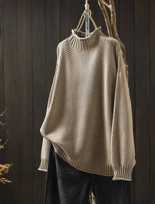Aurelia | Relaxed Textured Jumper with Ribbed Mock Neck - Khaki