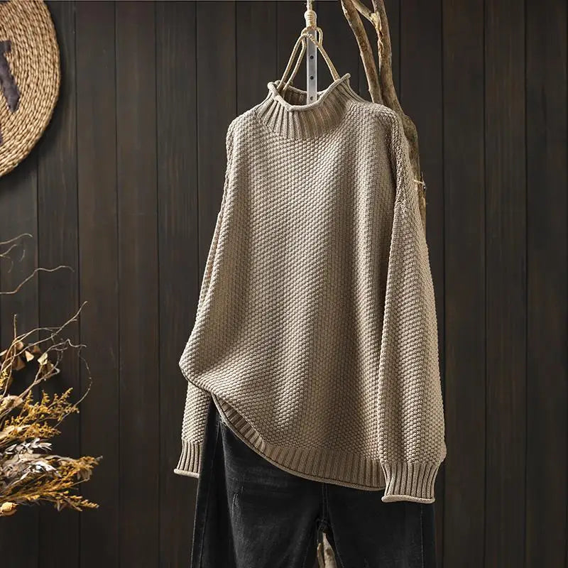Aurelia | Relaxed Textured Jumper with Ribbed Mock Neck - Khaki