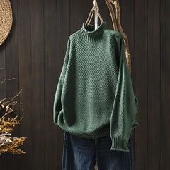 Aurelia | Relaxed Textured Jumper with Ribbed Mock Neck - Green