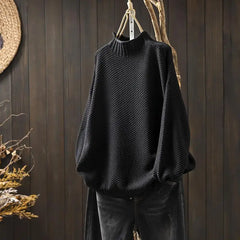 Aurelia | Relaxed Textured Jumper with Ribbed Mock Neck - Black