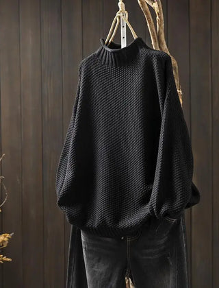 Aurelia | Relaxed Textured Jumper with Ribbed Mock Neck - Black