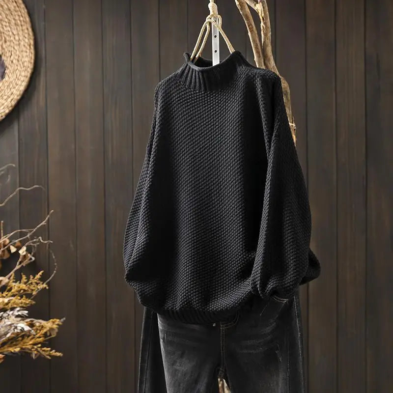 Aurelia | Relaxed Textured Jumper with Ribbed Mock Neck - Black