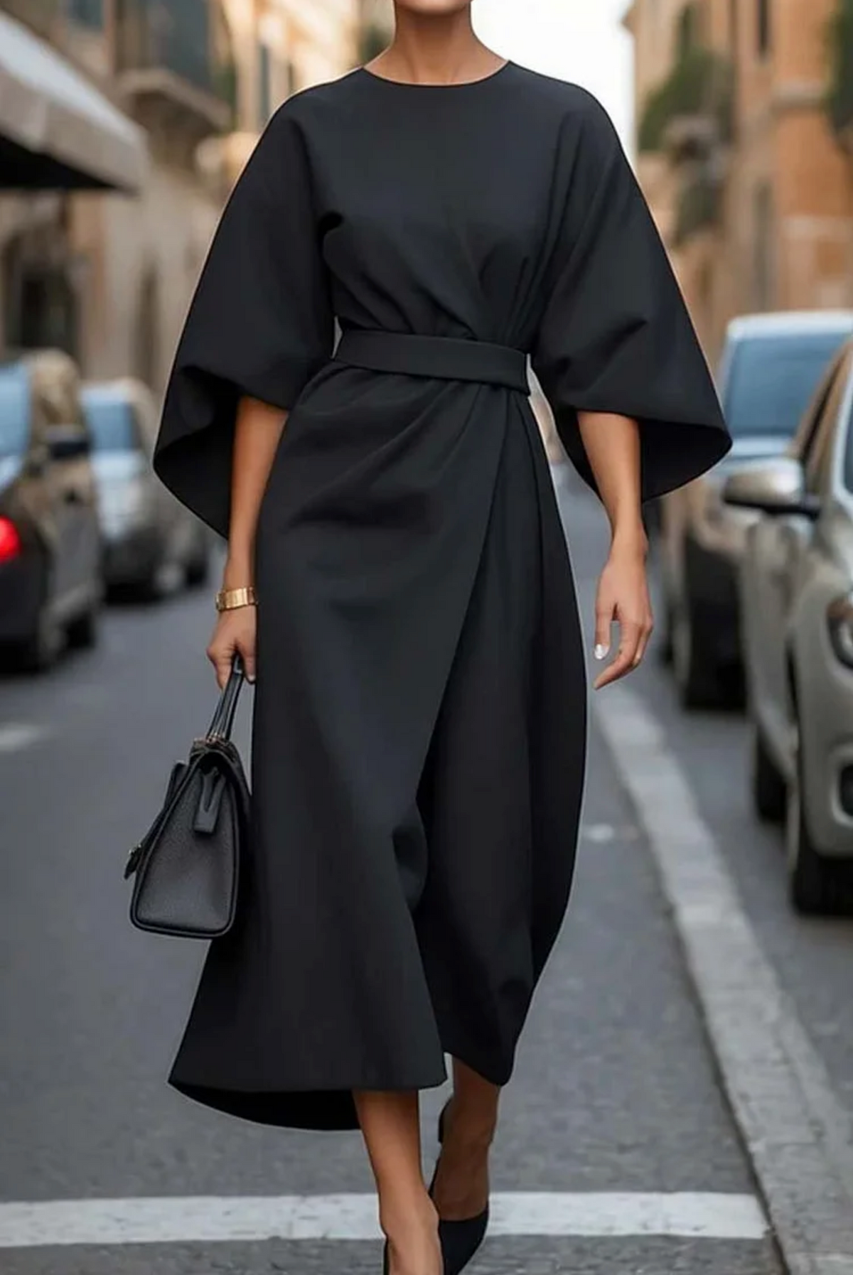 Eugenie | Belted Flowing Dress with Lantern Sleeves