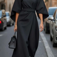 Eugenie | Belted Flowing Dress with Lantern Sleeves - Black