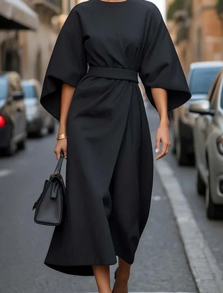 Eugenie | Belted Flowing Dress with Lantern Sleeves - Black