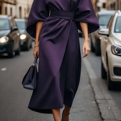 Eugenie | Belted Flowing Dress with Lantern Sleeves - Violet