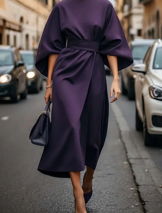 Eugenie | Belted Flowing Dress with Lantern Sleeves - Violet