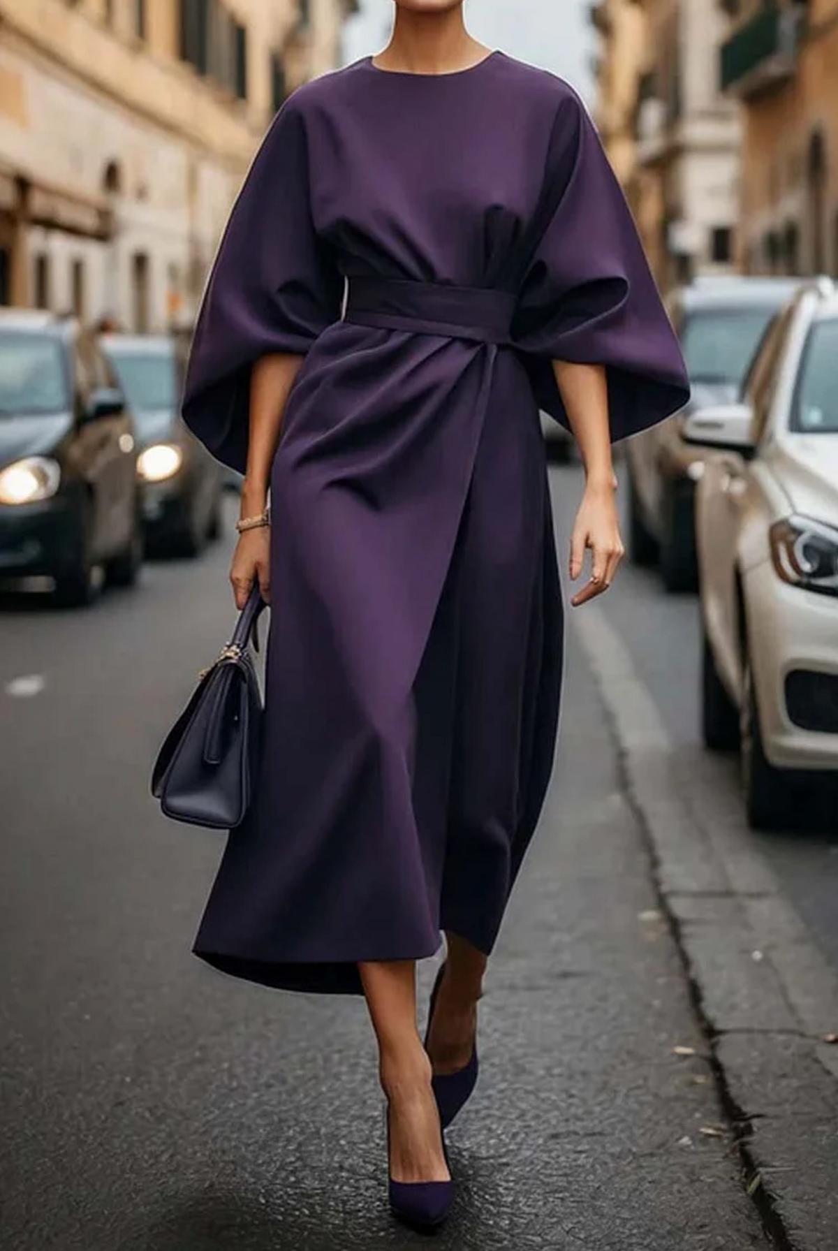 Eugenie | Belted Flowing Dress with Lantern Sleeves - Violet