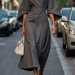 Eugenie | Belted Flowing Dress with Lantern Sleeves - Grey
