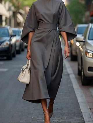 Eugenie | Belted Flowing Dress with Lantern Sleeves - Grey