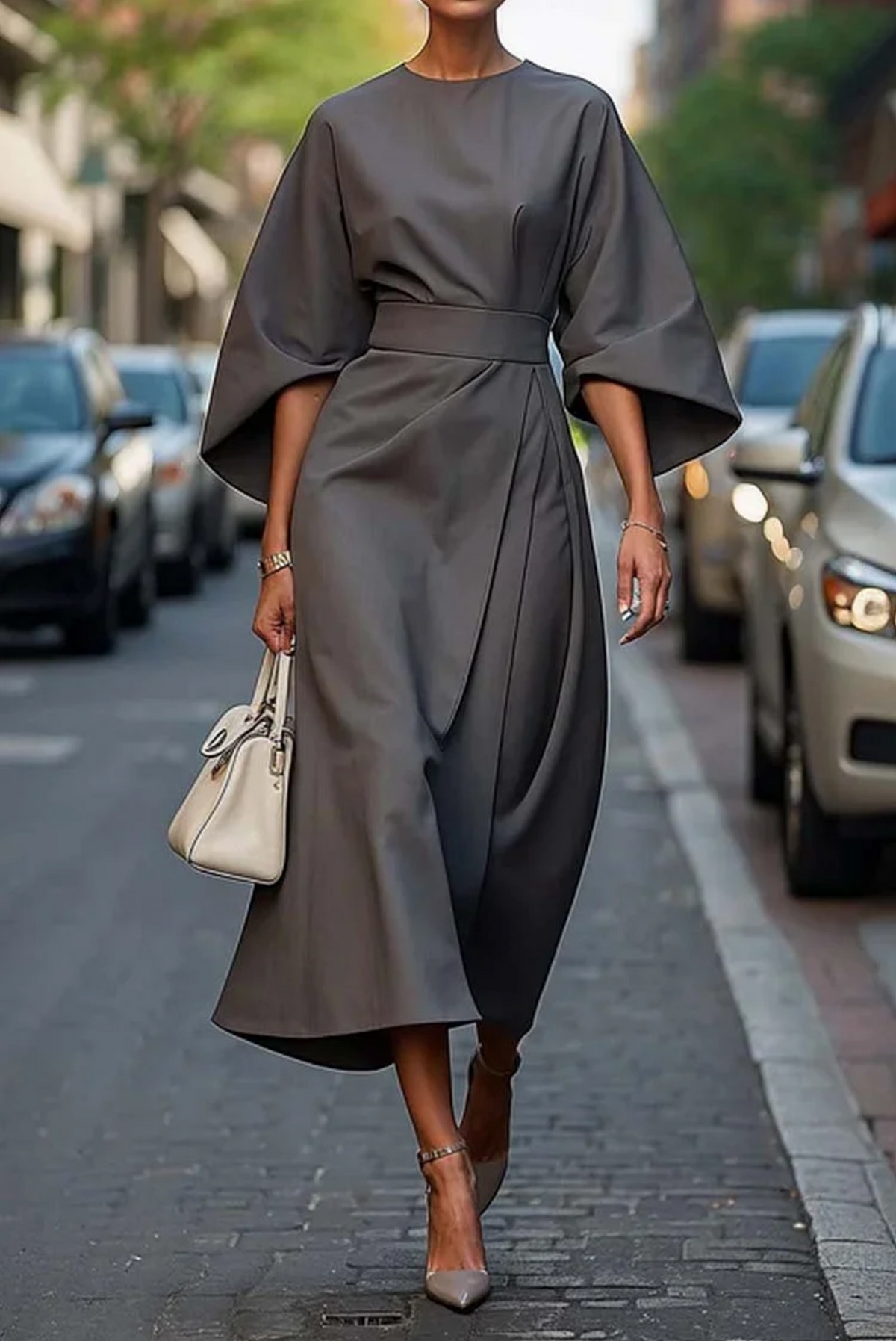 Eugenie | Belted Flowing Dress with Lantern Sleeves - Grey