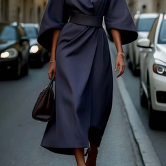 Eugenie | Belted Flowing Dress with Lantern Sleeves - Navy Blue