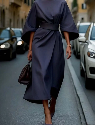 Eugenie | Belted Flowing Dress with Lantern Sleeves - Navy Blue