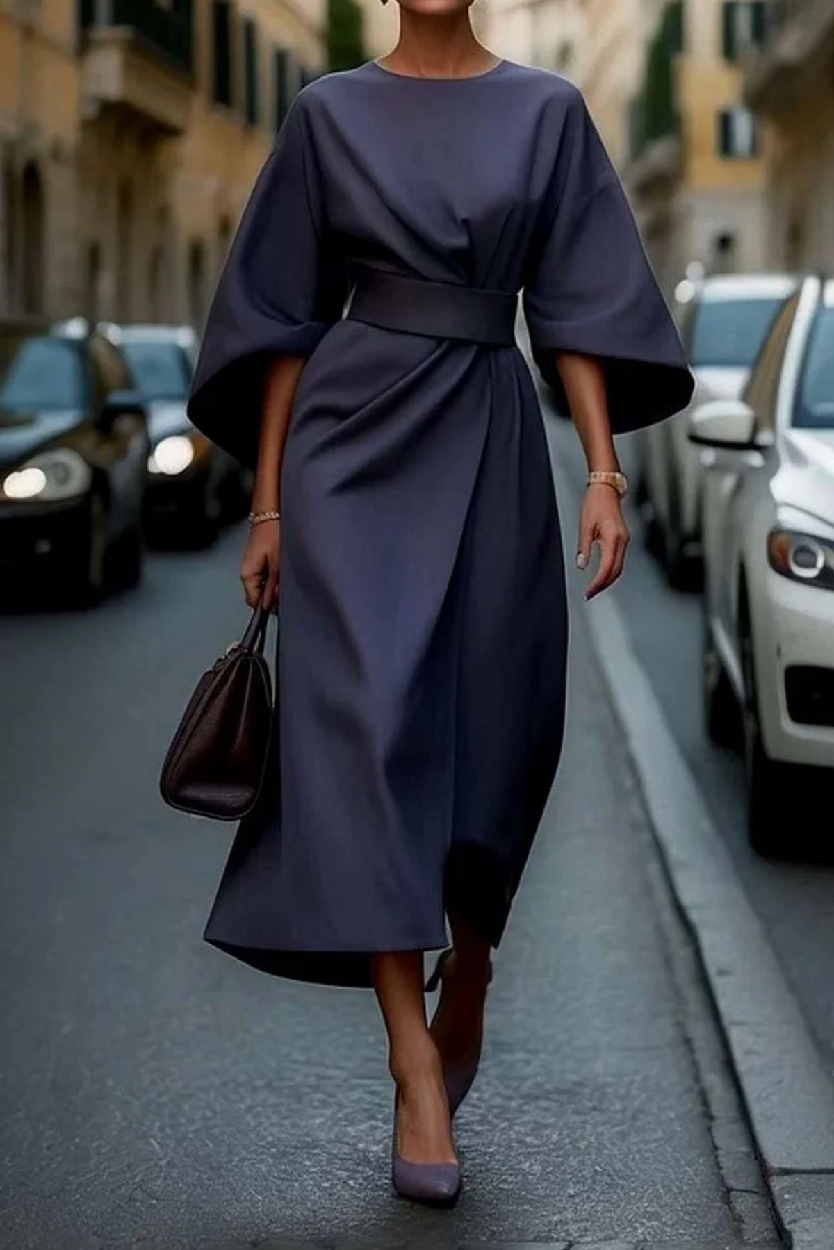Eugenie | Belted Flowing Dress with Lantern Sleeves - Navy Blue