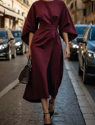 Eugenie | Belted Flowing Dress with Lantern Sleeves - Bordeaux