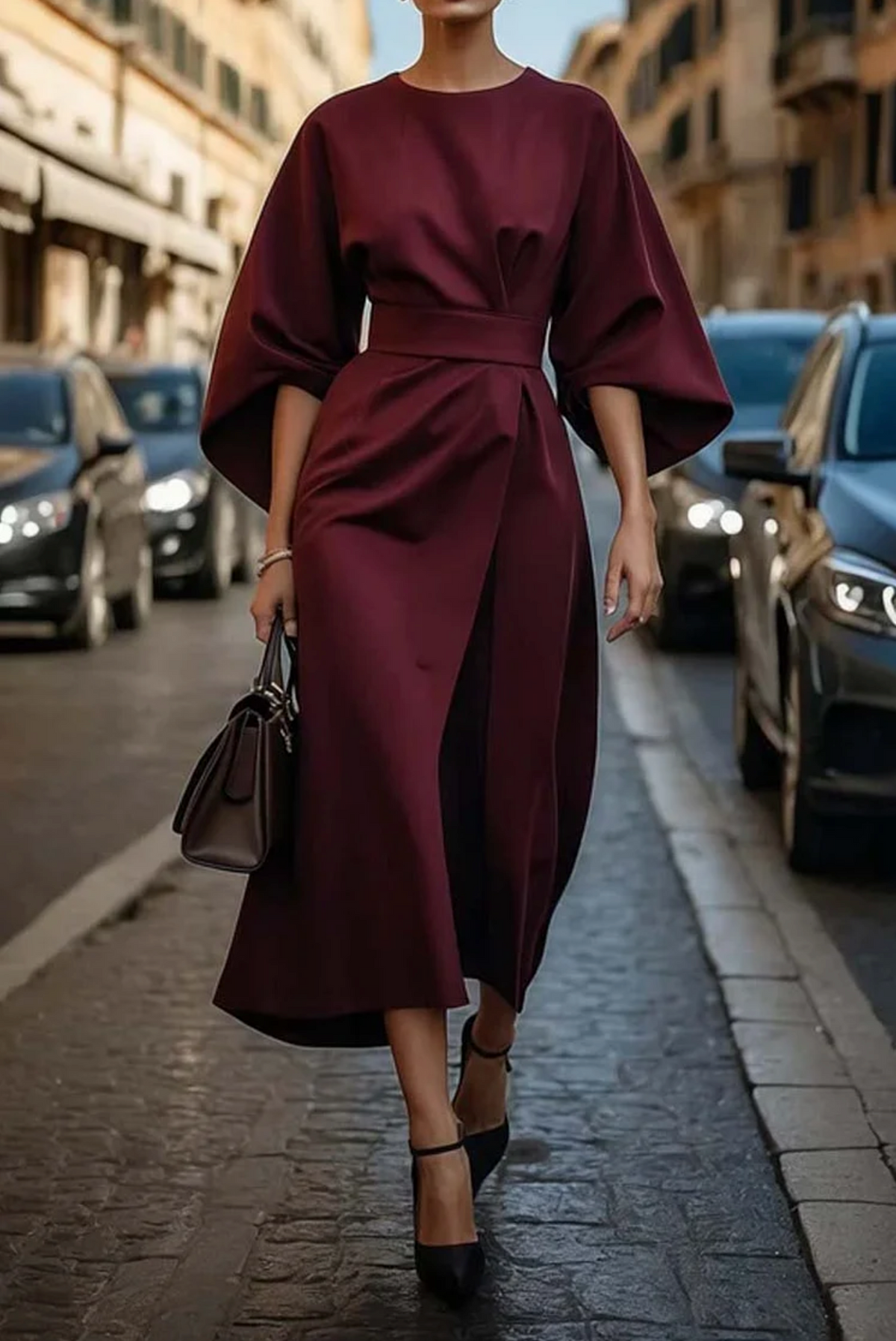 Eugenie | Belted Flowing Dress with Lantern Sleeves - Bordeaux